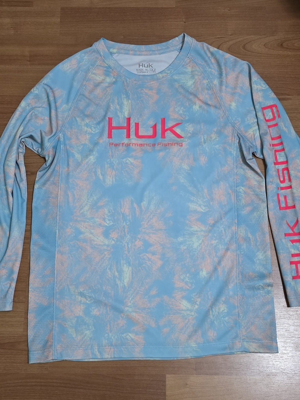 Huk Men's Long-Sleeve Performance Shirt in Light Blue with Pink Logo